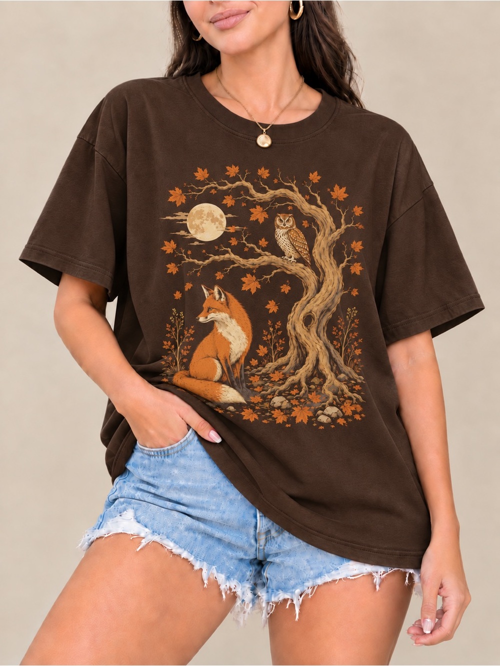 Fox and Owl Autumn Unisex T-shirt Fall Woodland Full Moon Tee